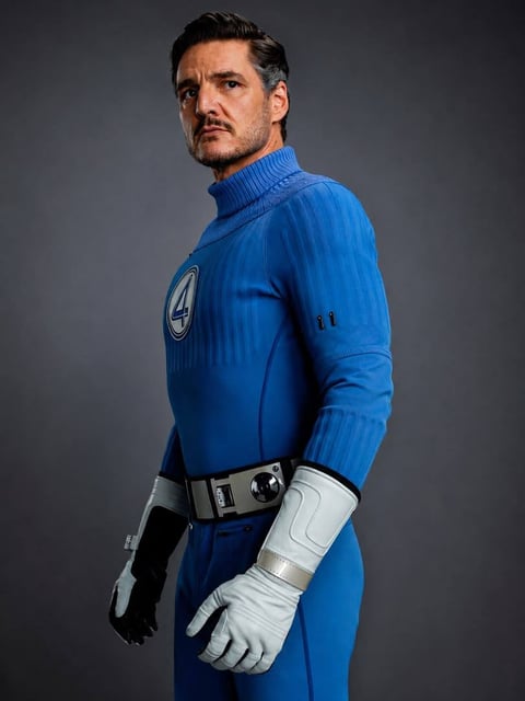 Man in blue Fantastic Four costume with white gloves and black belt looking over his shoulder against gray background