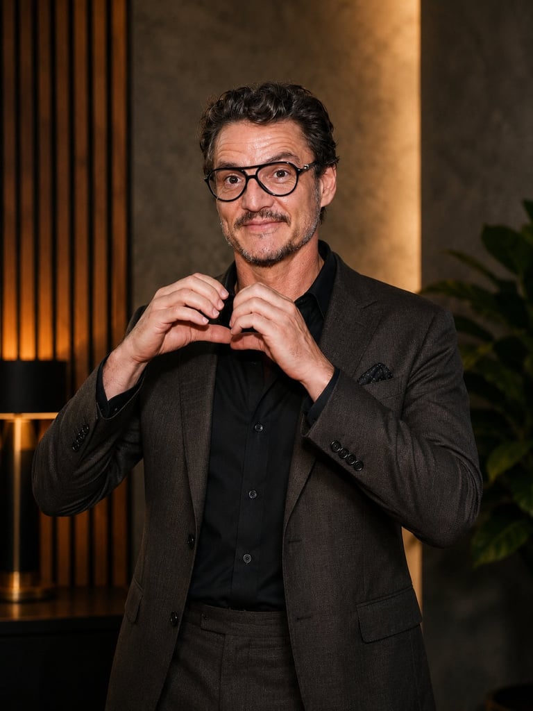 Man in dark blazer and glasses making a heart gesture with his hands against a warm-toned interior background